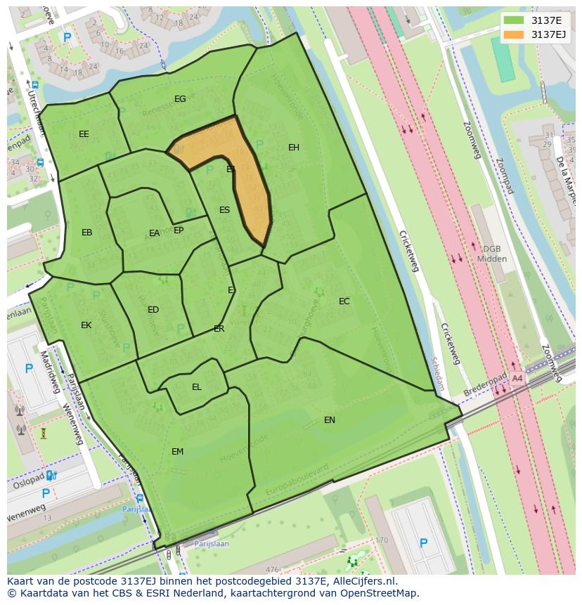 Afbeelding van het postcodegebied 3137 EJ op de kaart.