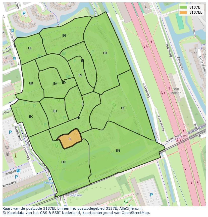 Afbeelding van het postcodegebied 3137 EL op de kaart.