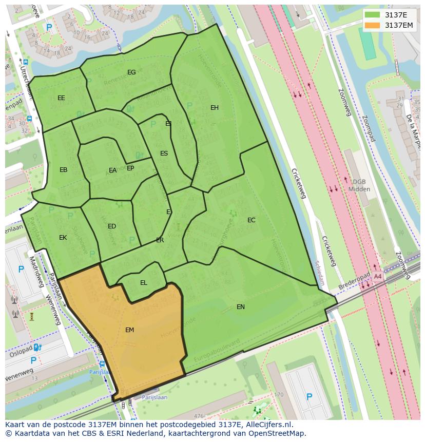 Afbeelding van het postcodegebied 3137 EM op de kaart.