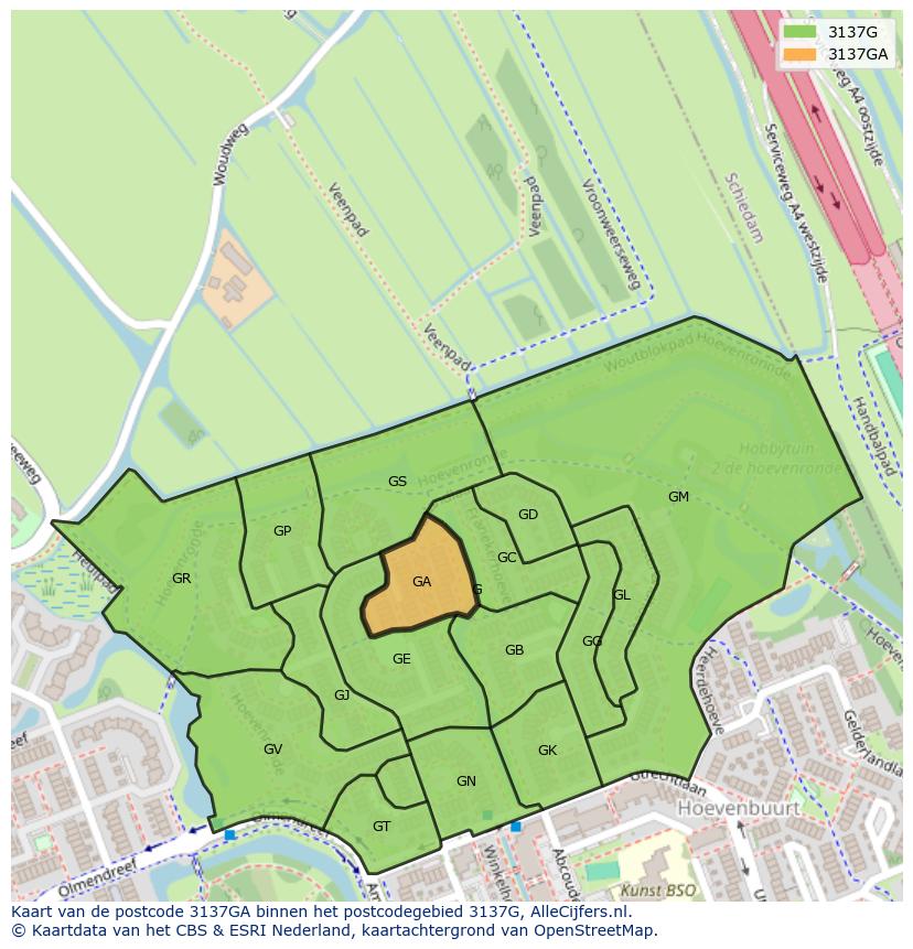 Afbeelding van het postcodegebied 3137 GA op de kaart.