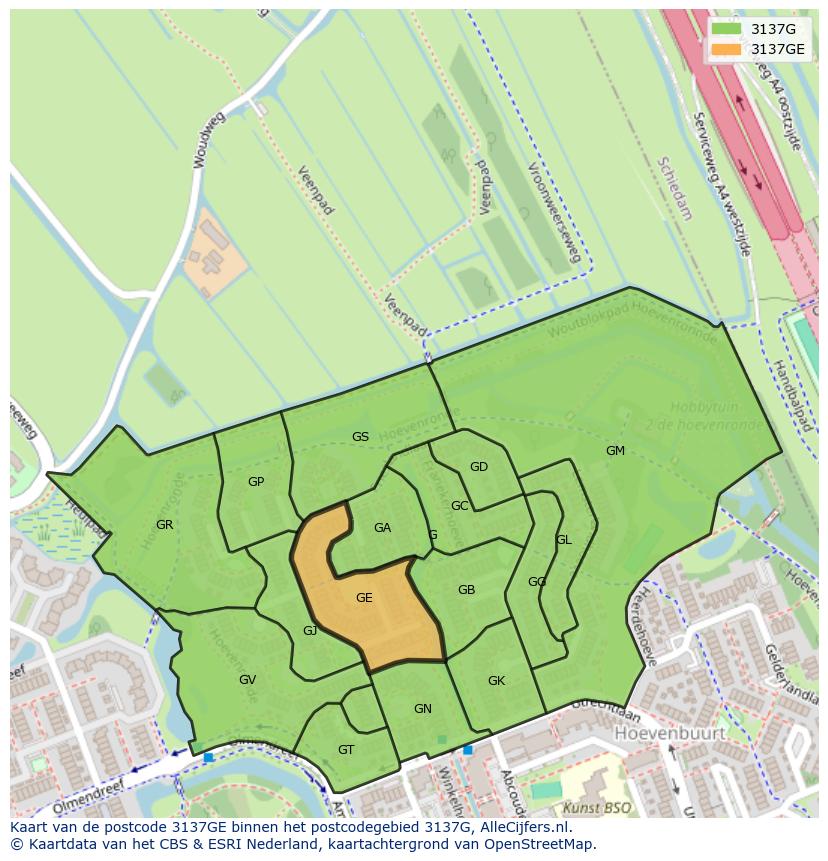 Afbeelding van het postcodegebied 3137 GE op de kaart.
