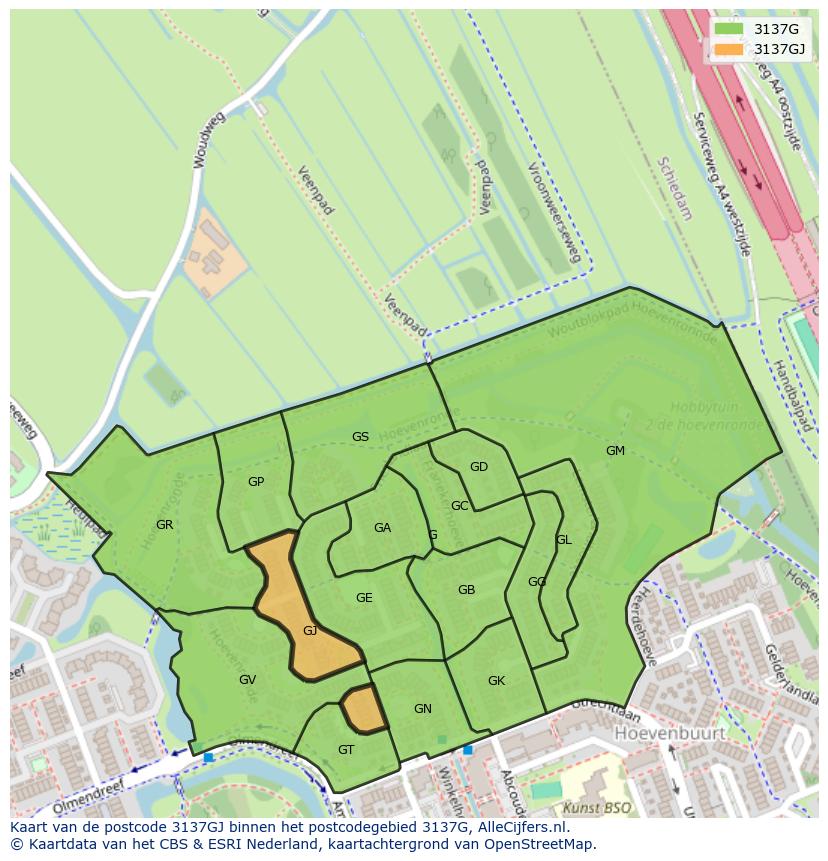 Afbeelding van het postcodegebied 3137 GJ op de kaart.