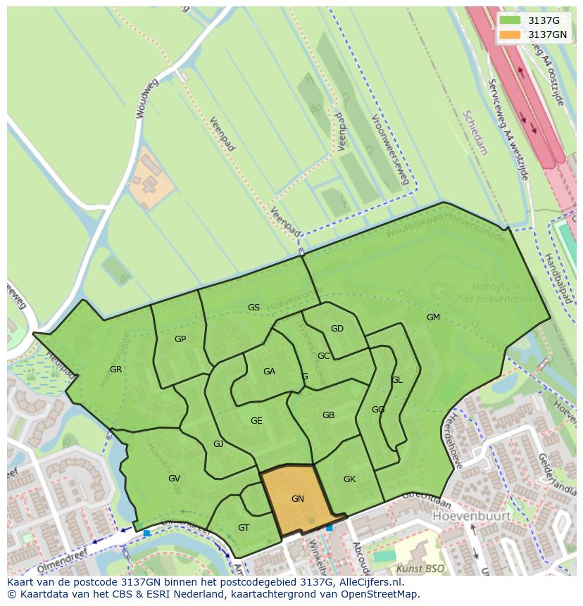 Afbeelding van het postcodegebied 3137 GN op de kaart.