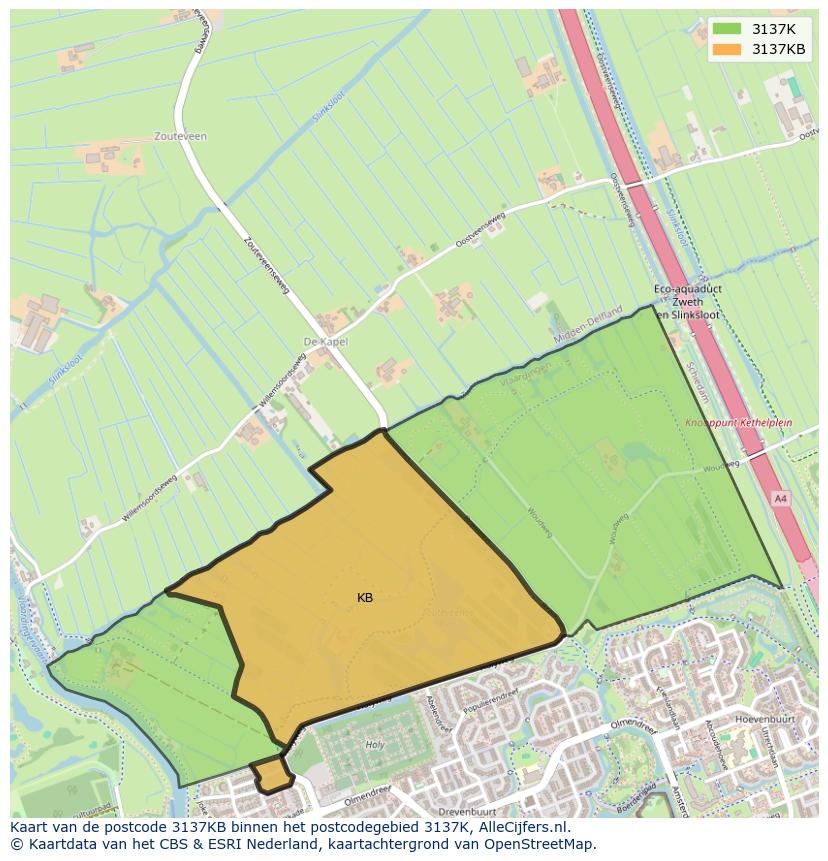 Afbeelding van het postcodegebied 3137 KB op de kaart.