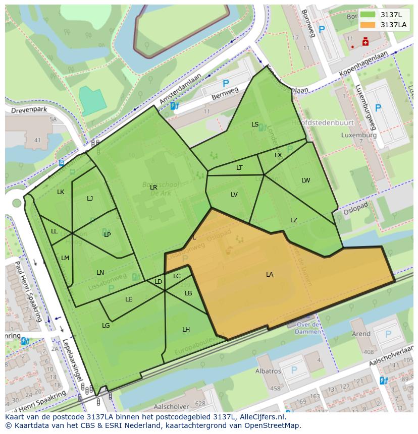 Afbeelding van het postcodegebied 3137 LA op de kaart.