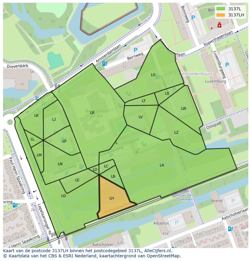 Afbeelding van het postcodegebied 3137 LH op de kaart.