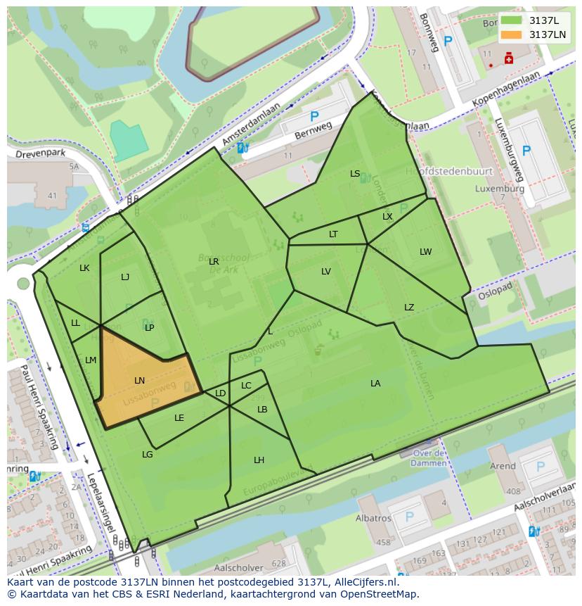 Afbeelding van het postcodegebied 3137 LN op de kaart.