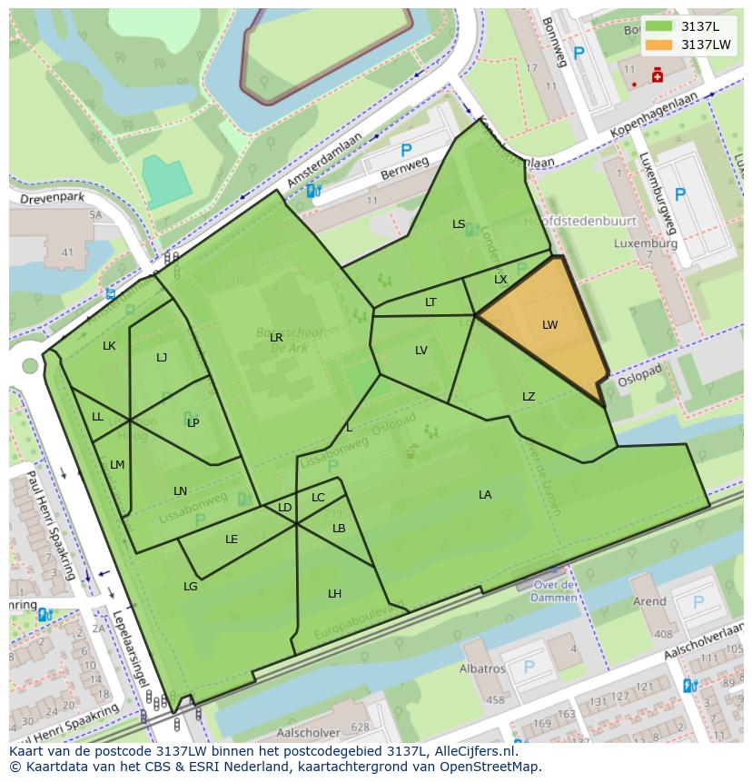 Afbeelding van het postcodegebied 3137 LW op de kaart.