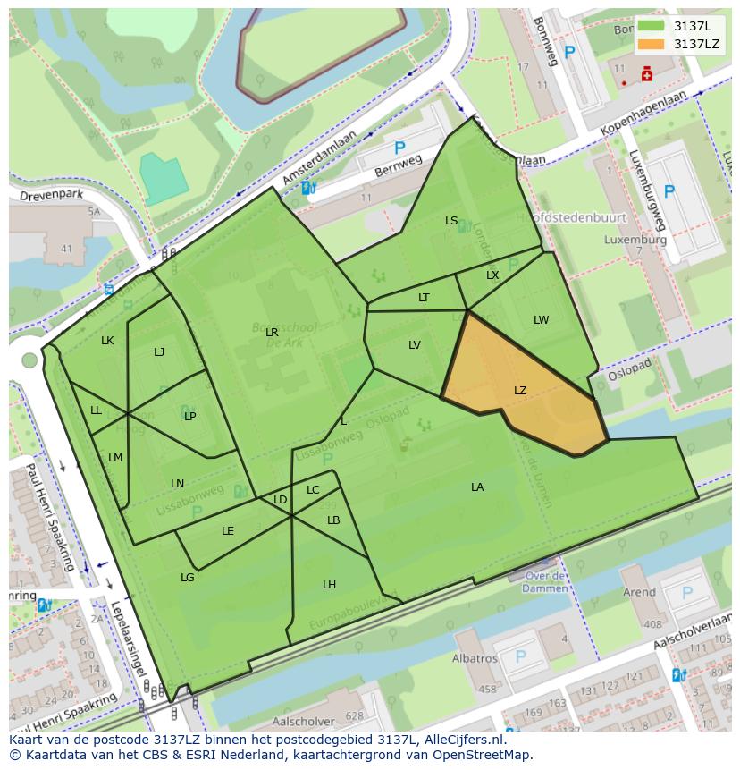 Afbeelding van het postcodegebied 3137 LZ op de kaart.