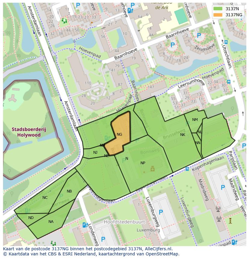 Afbeelding van het postcodegebied 3137 NG op de kaart.