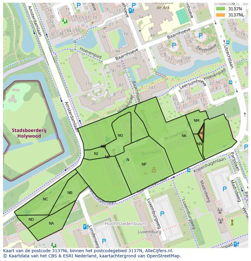 Afbeelding van het postcodegebied 3137 NL op de kaart.
