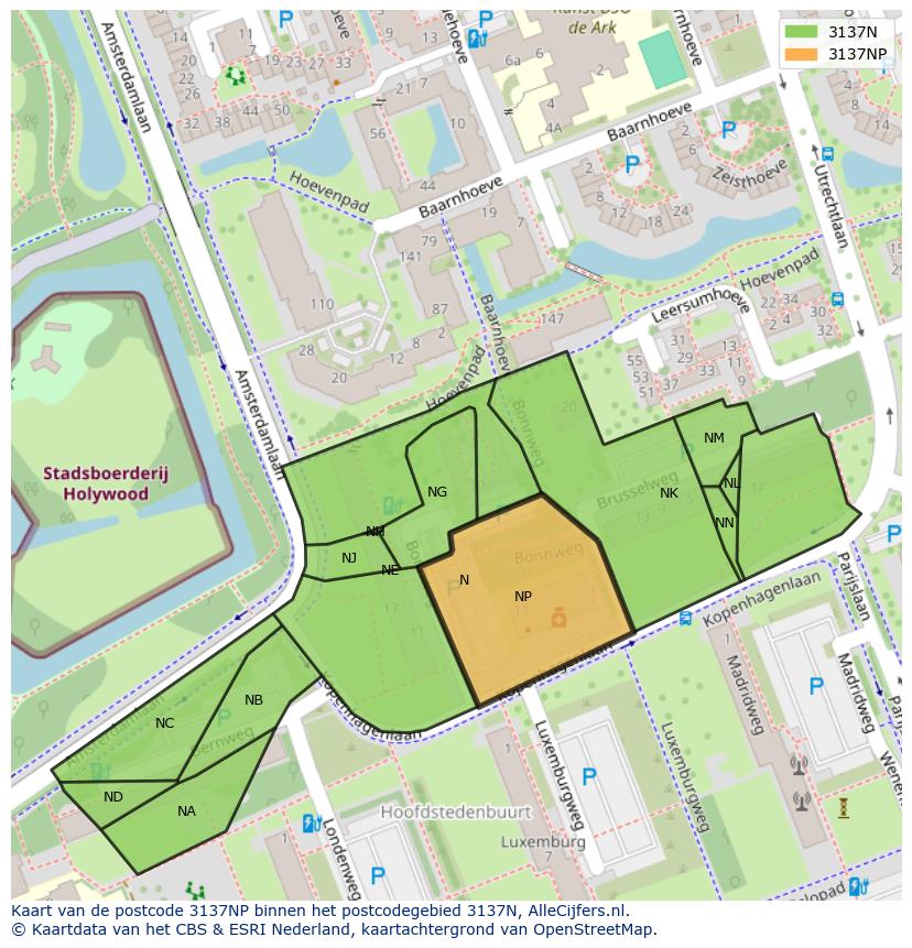 Afbeelding van het postcodegebied 3137 NP op de kaart.
