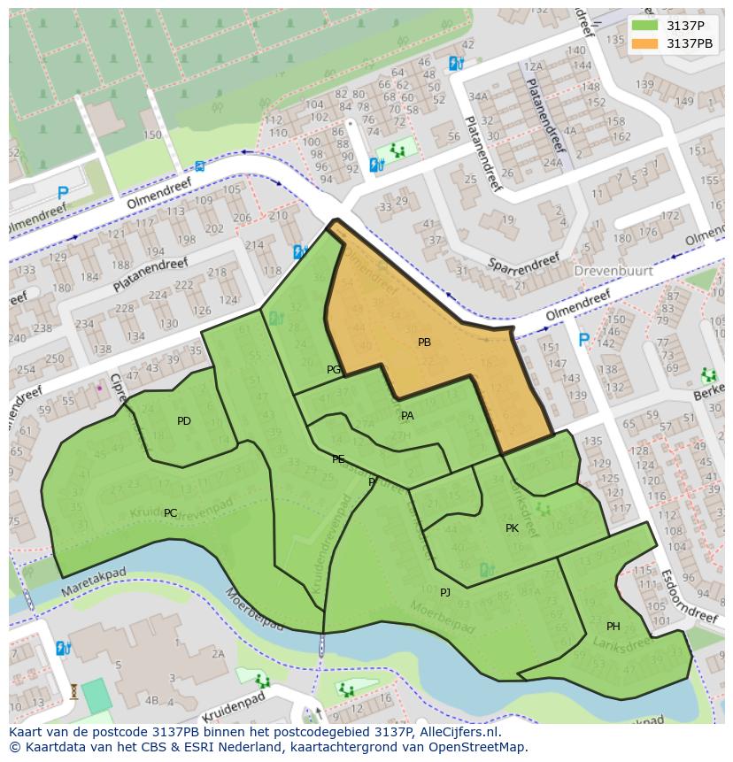 Afbeelding van het postcodegebied 3137 PB op de kaart.