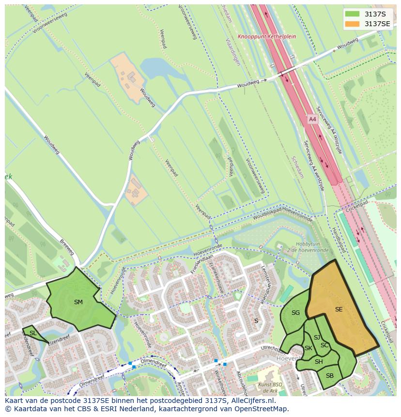 Afbeelding van het postcodegebied 3137 SE op de kaart.