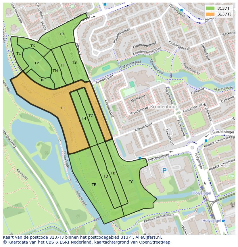 Afbeelding van het postcodegebied 3137 TJ op de kaart.