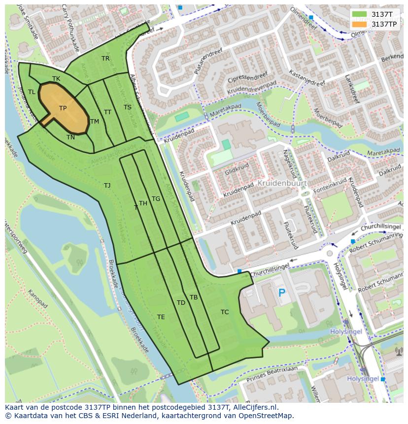 Afbeelding van het postcodegebied 3137 TP op de kaart.