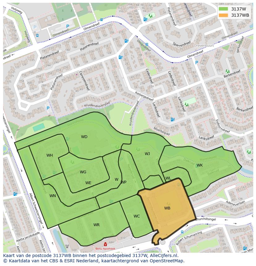 Afbeelding van het postcodegebied 3137 WB op de kaart.