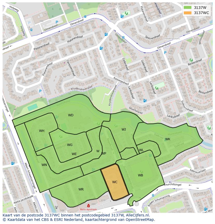 Afbeelding van het postcodegebied 3137 WC op de kaart.