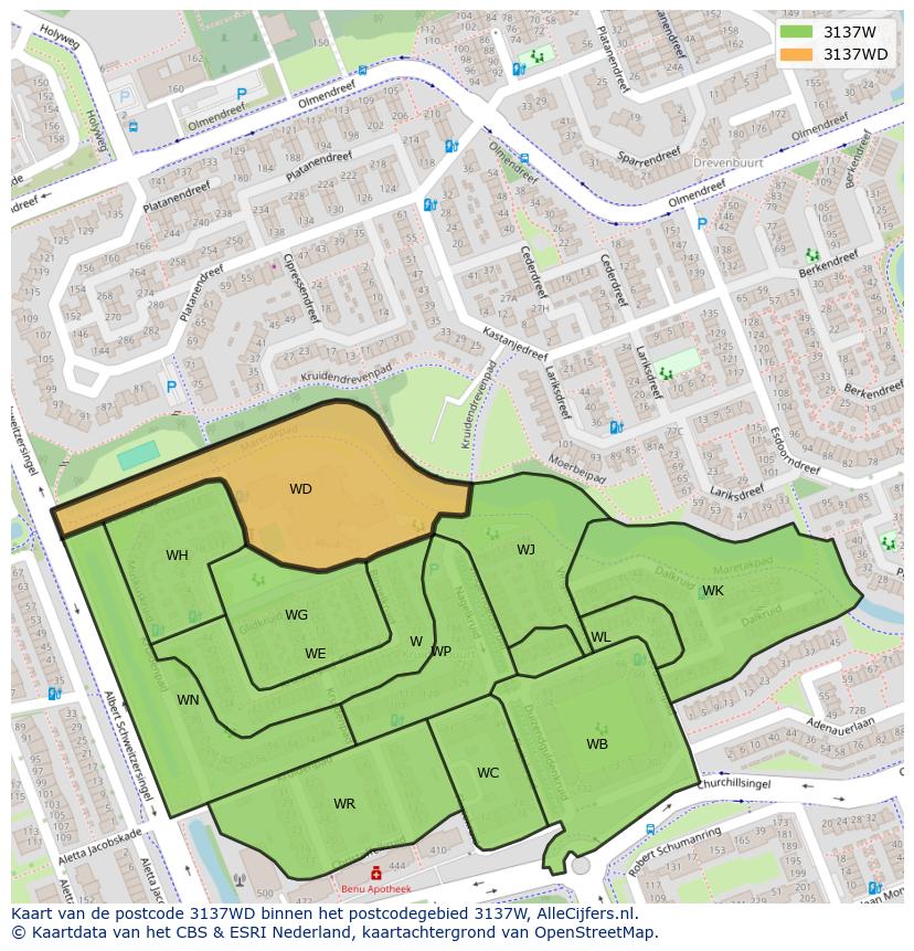 Afbeelding van het postcodegebied 3137 WD op de kaart.
