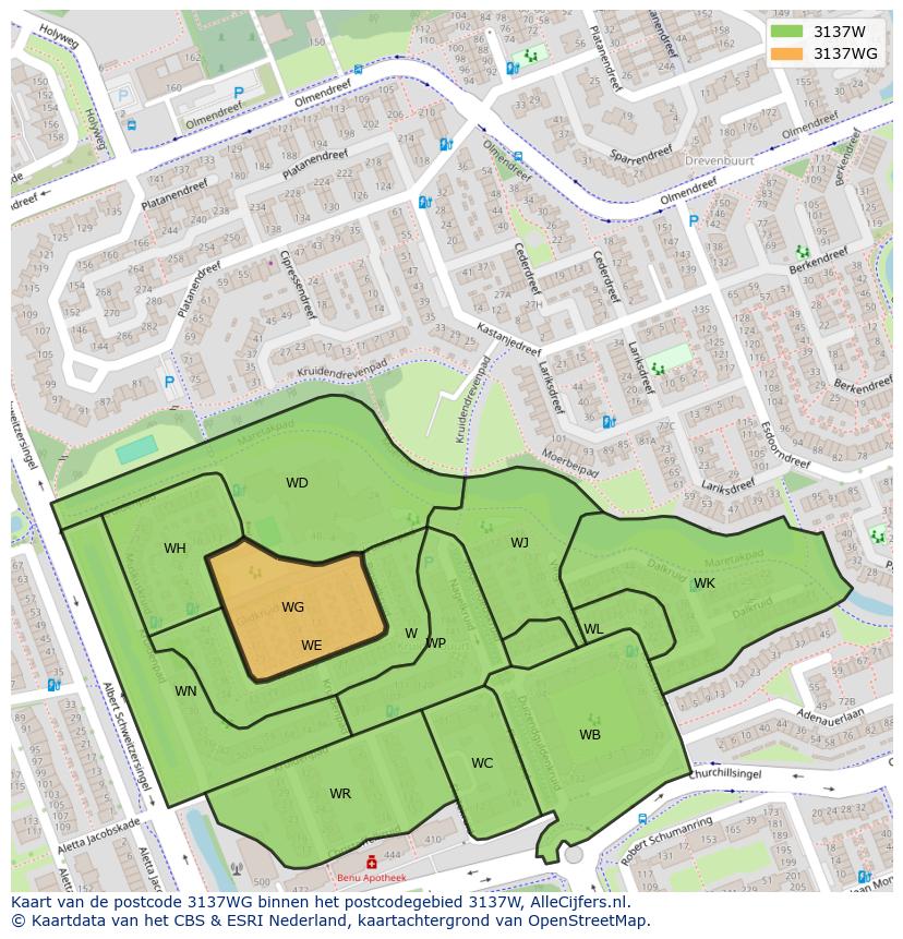 Afbeelding van het postcodegebied 3137 WG op de kaart.