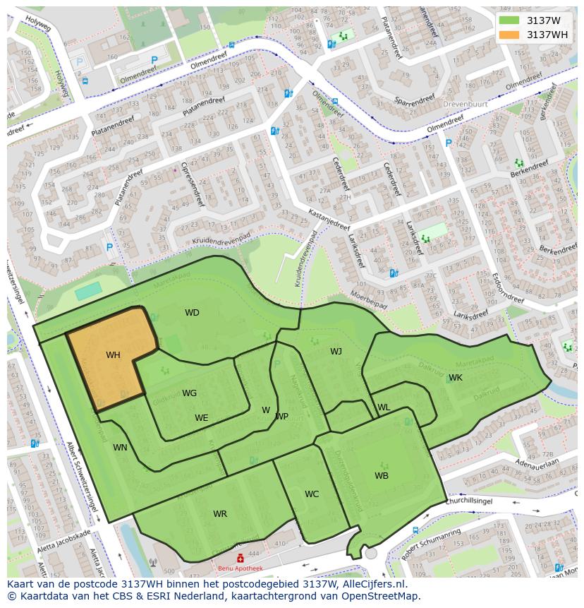 Afbeelding van het postcodegebied 3137 WH op de kaart.