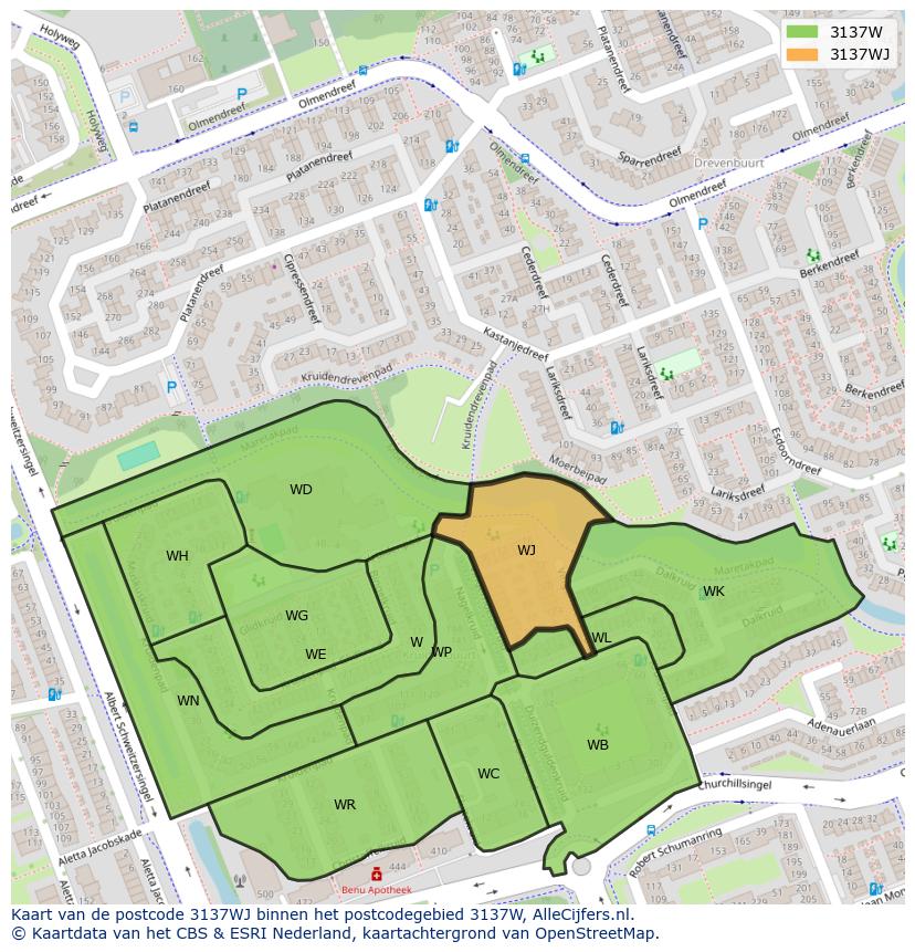 Afbeelding van het postcodegebied 3137 WJ op de kaart.