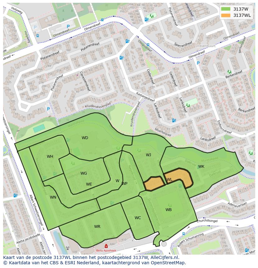 Afbeelding van het postcodegebied 3137 WL op de kaart.