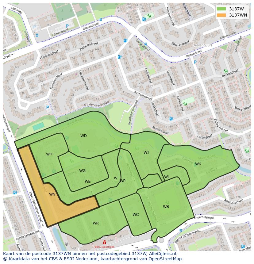 Afbeelding van het postcodegebied 3137 WN op de kaart.