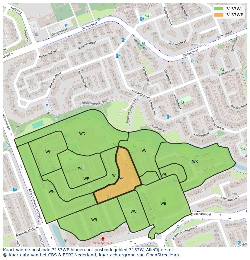 Afbeelding van het postcodegebied 3137 WP op de kaart.