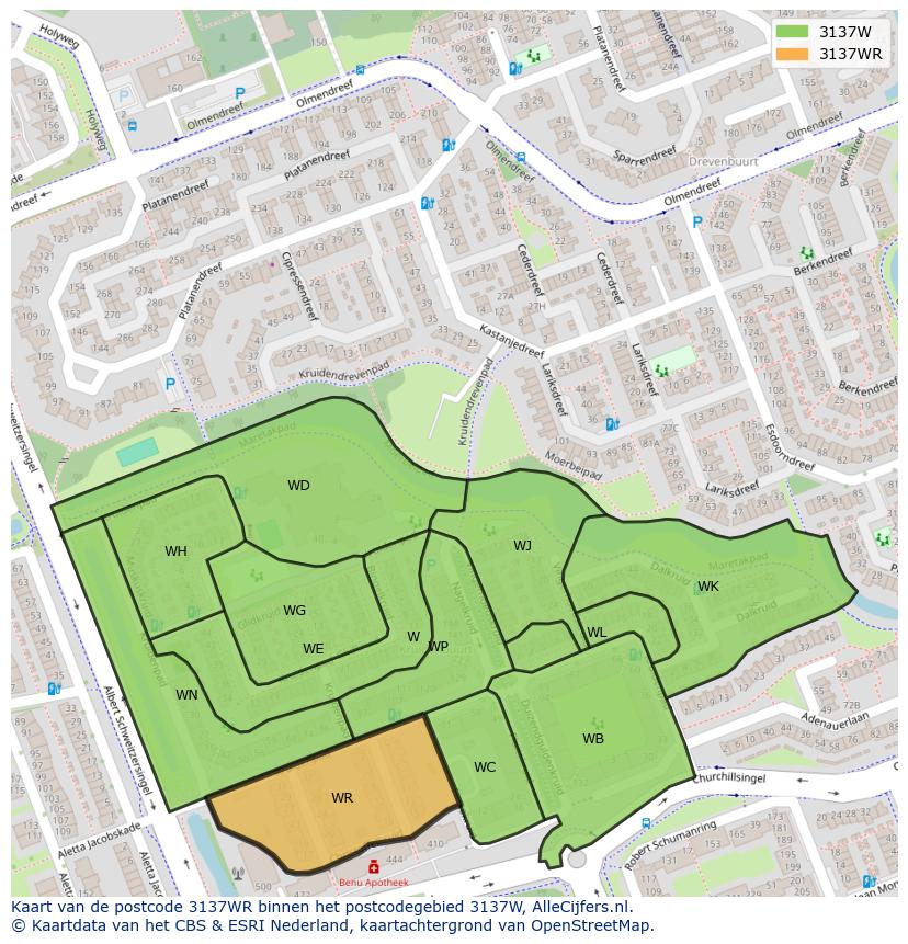 Afbeelding van het postcodegebied 3137 WR op de kaart.
