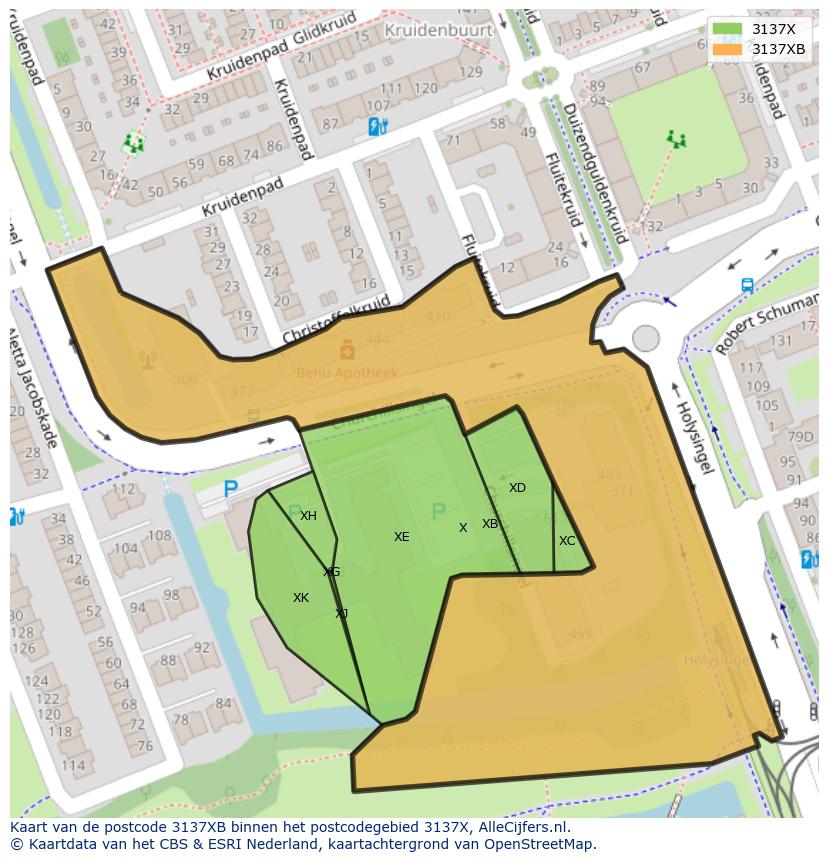 Afbeelding van het postcodegebied 3137 XB op de kaart.