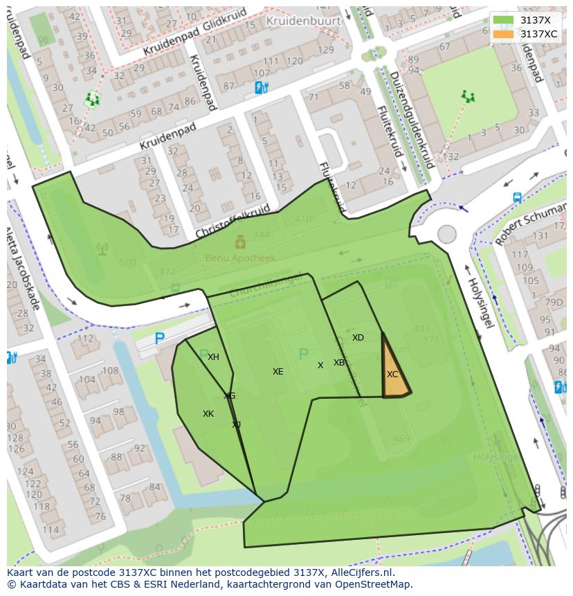 Afbeelding van het postcodegebied 3137 XC op de kaart.