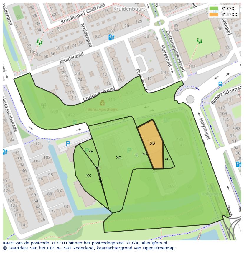 Afbeelding van het postcodegebied 3137 XD op de kaart.