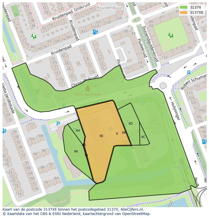 Afbeelding van het postcodegebied 3137 XE op de kaart.