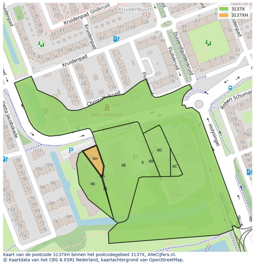 Afbeelding van het postcodegebied 3137 XH op de kaart.