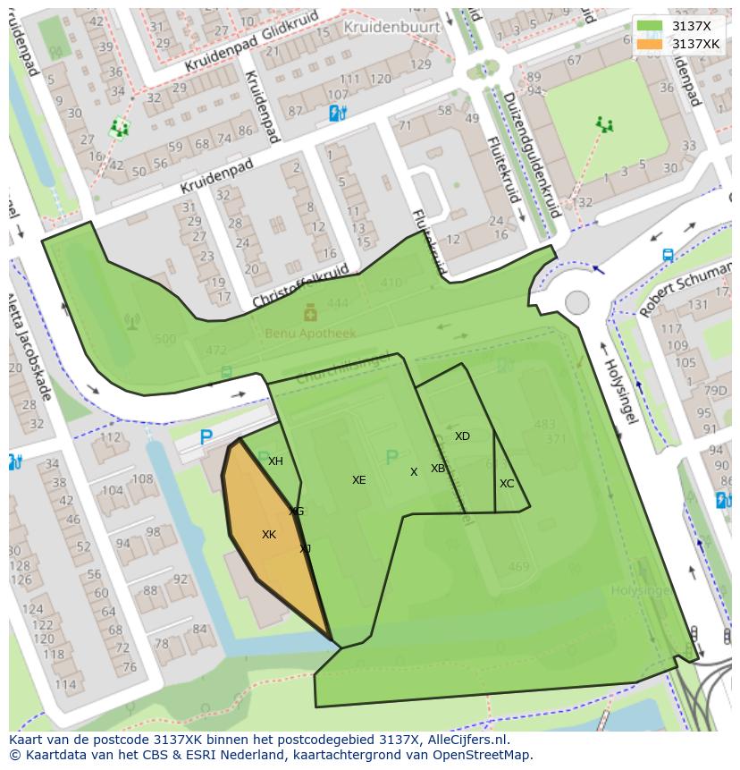 Afbeelding van het postcodegebied 3137 XK op de kaart.