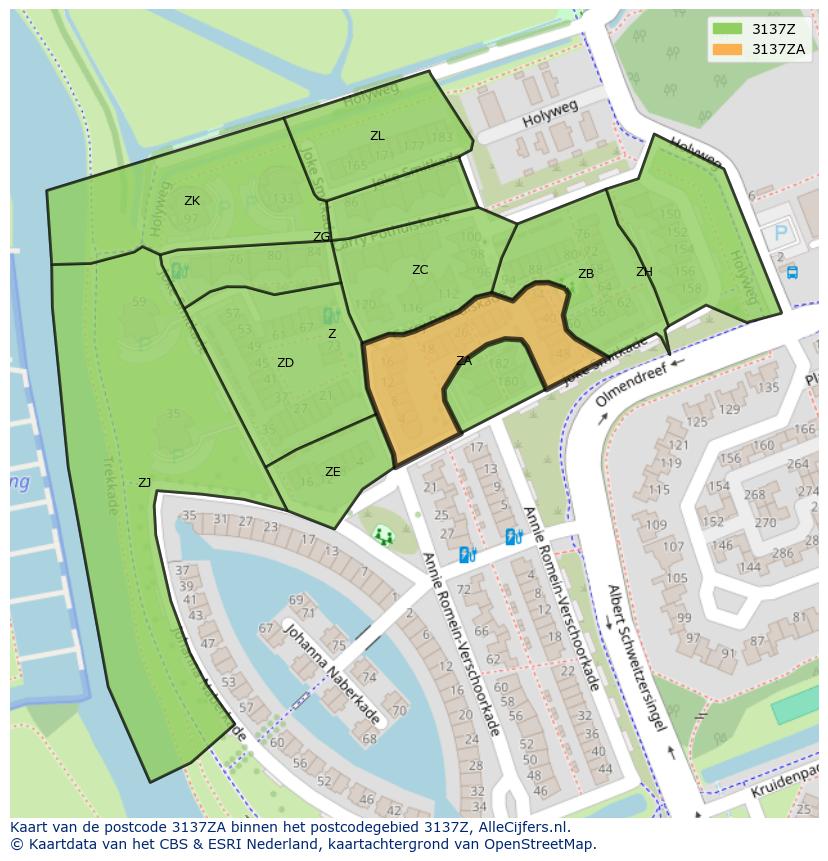 Afbeelding van het postcodegebied 3137 ZA op de kaart.