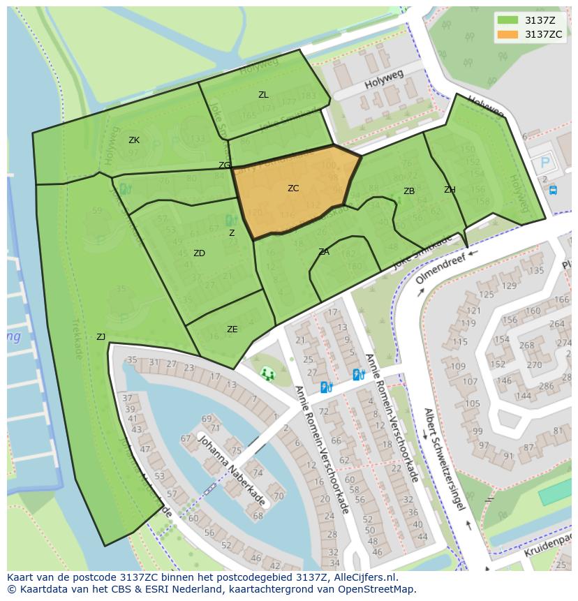 Afbeelding van het postcodegebied 3137 ZC op de kaart.