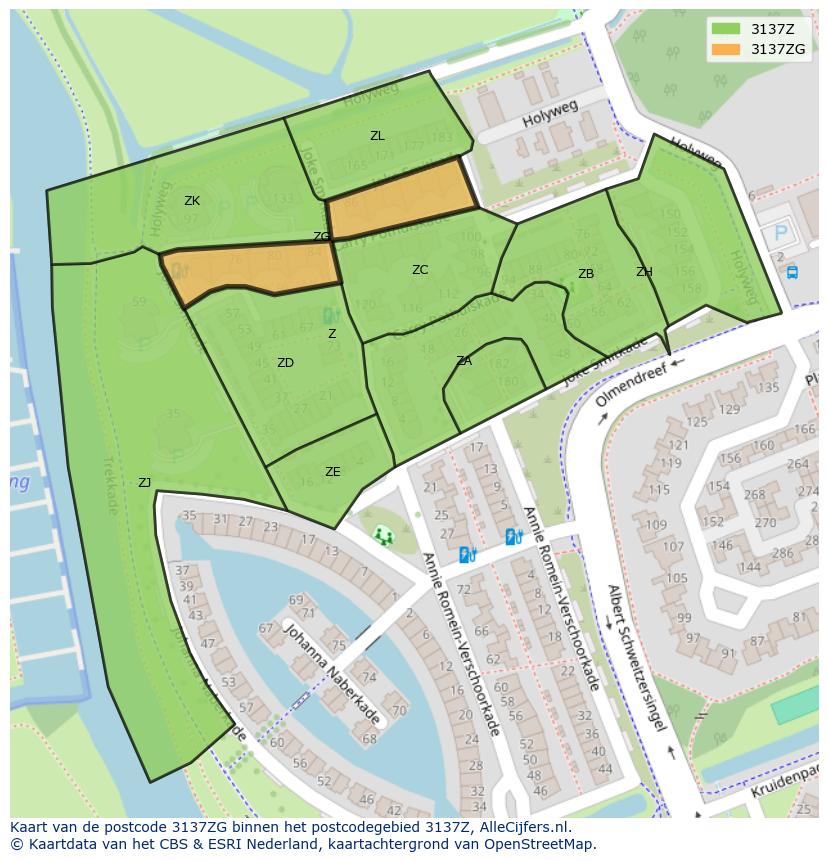 Afbeelding van het postcodegebied 3137 ZG op de kaart.