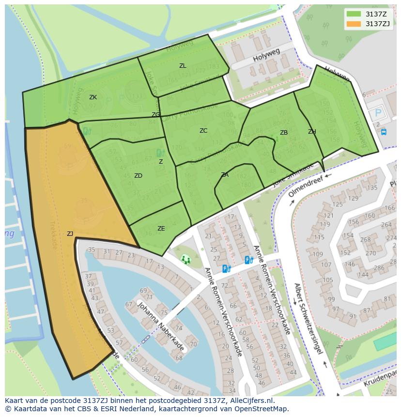 Afbeelding van het postcodegebied 3137 ZJ op de kaart.