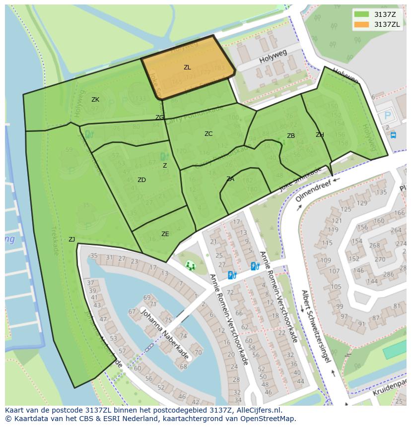 Afbeelding van het postcodegebied 3137 ZL op de kaart.