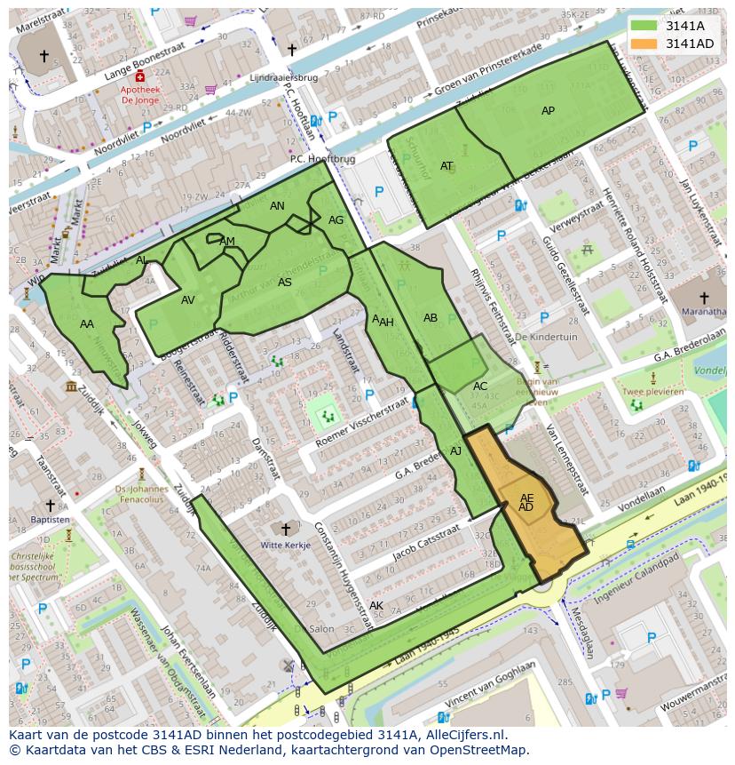 Afbeelding van het postcodegebied 3141 AD op de kaart.