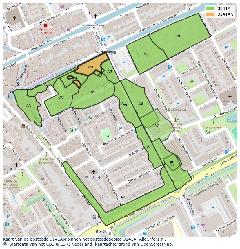 Afbeelding van het postcodegebied 3141 AN op de kaart.