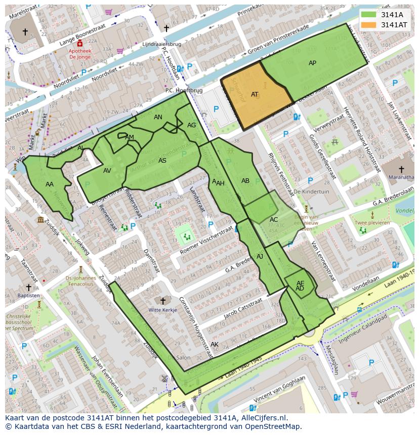 Afbeelding van het postcodegebied 3141 AT op de kaart.