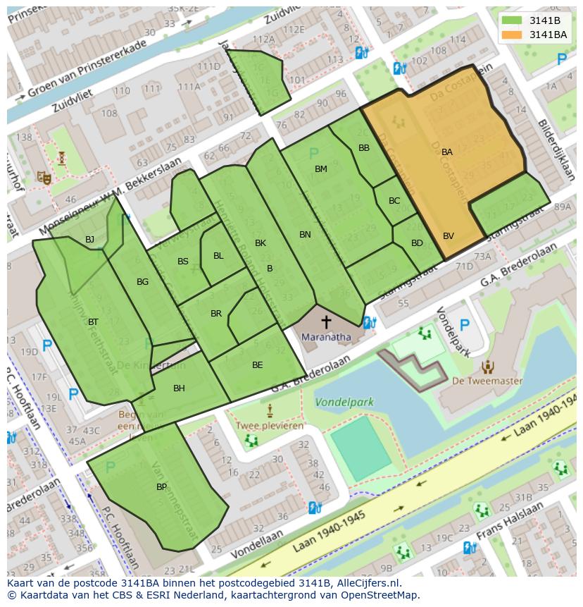 Afbeelding van het postcodegebied 3141 BA op de kaart.