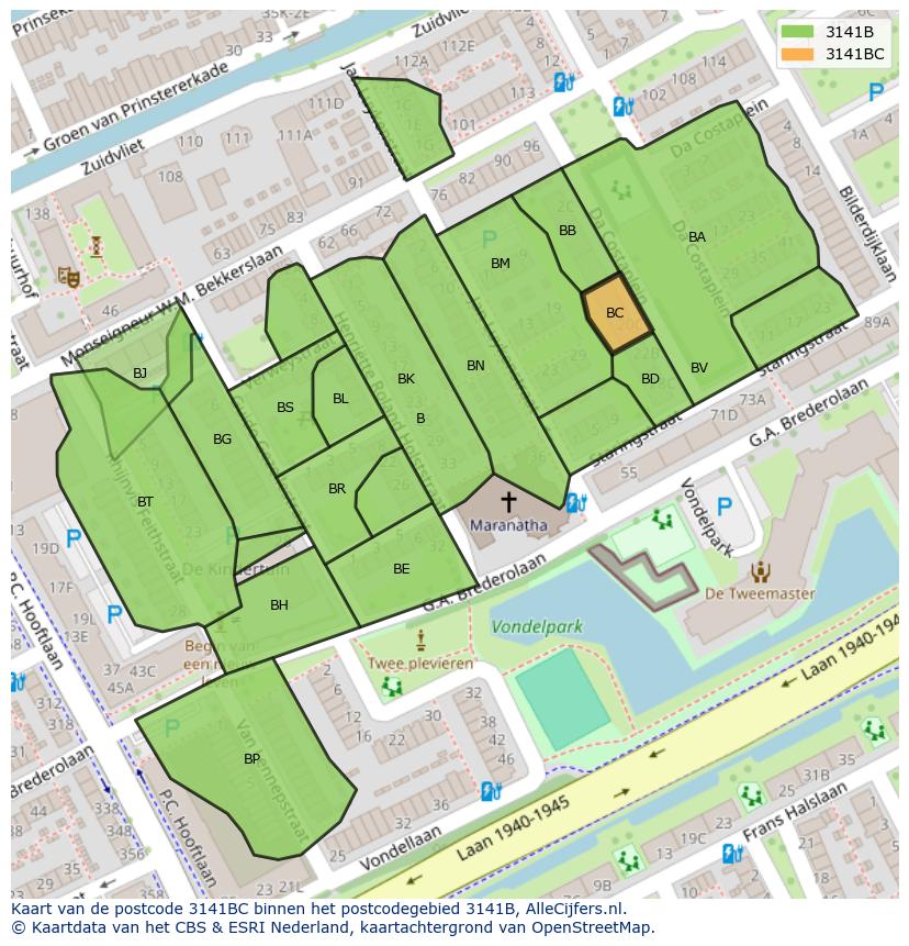 Afbeelding van het postcodegebied 3141 BC op de kaart.