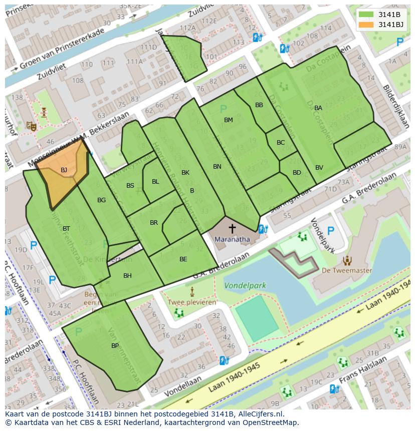 Afbeelding van het postcodegebied 3141 BJ op de kaart.
