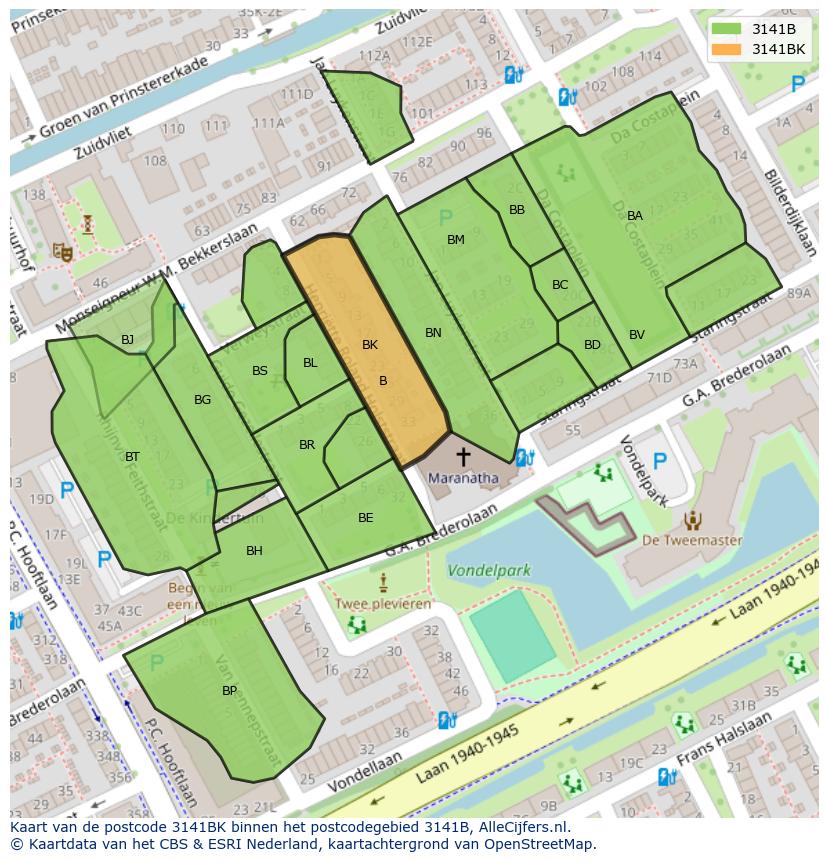 Afbeelding van het postcodegebied 3141 BK op de kaart.