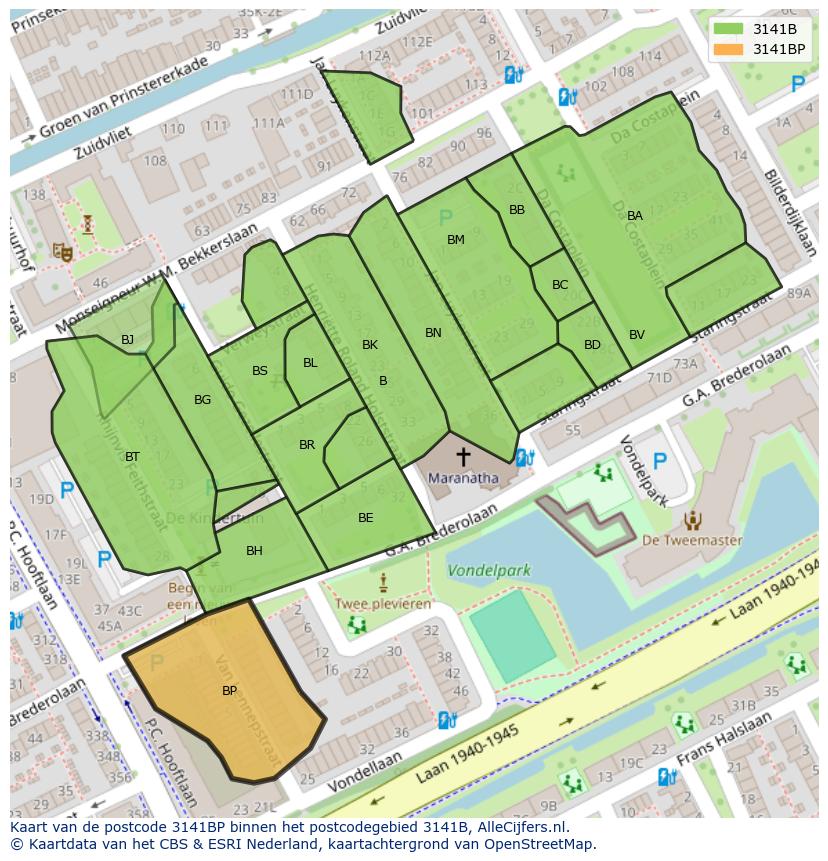 Afbeelding van het postcodegebied 3141 BP op de kaart.