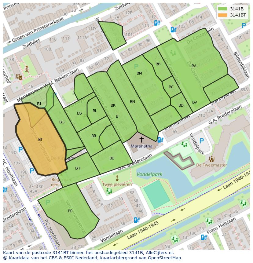 Afbeelding van het postcodegebied 3141 BT op de kaart.